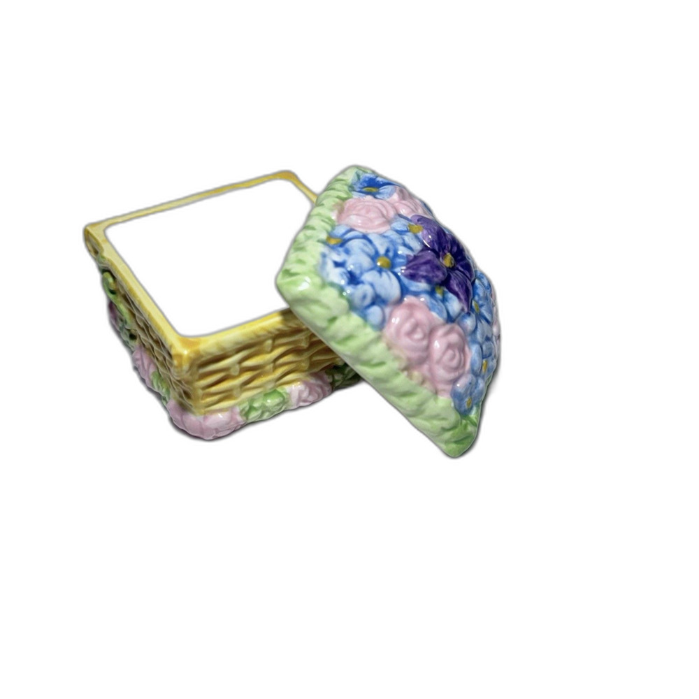 Vintage JCM Floral Mini Ceramic Trinket Box Cottage Core 2” X 2”